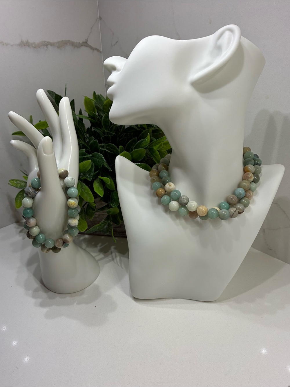 Handcrafted Multi-Color Amazonite Beaded Necklace & Bracelet 10mm Set